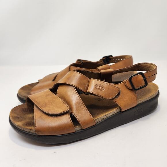 SAS Womens Huggy Cross Strap Sandals Size 9.5 N Brown Leather Comfort Shoes - Picture 5 of 9